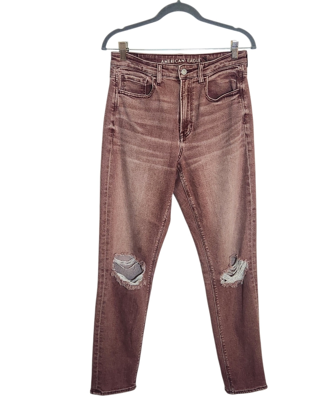 American Eagle Burgundy Pink Dyed Distressed Jeans Size 8 Long